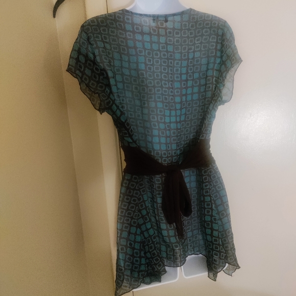 Stunning plunging V-neck tieback teal and brown AGENDA top! Sz. M - Made in USA - Picture 3 of 4